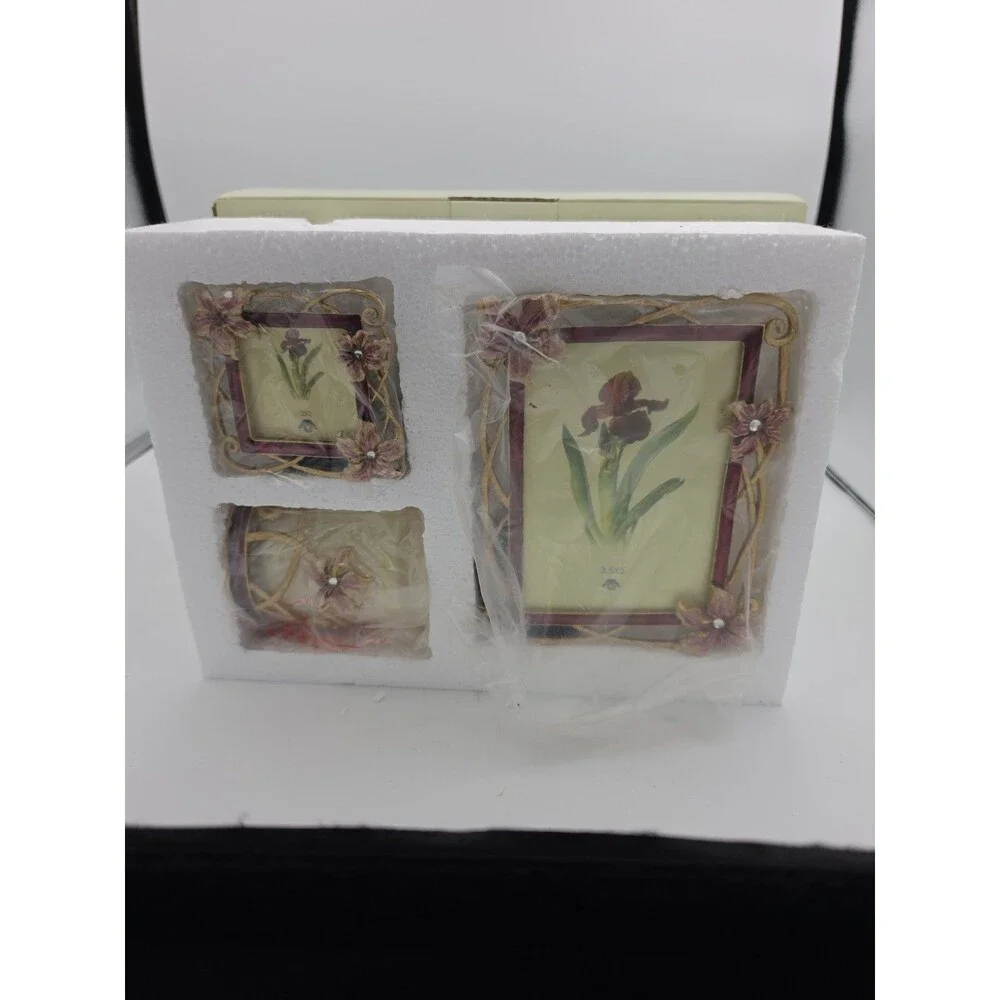 Home Accents Lifestyles 3 Pc Floral Jeweled Metal Picture Frame Set New in Box